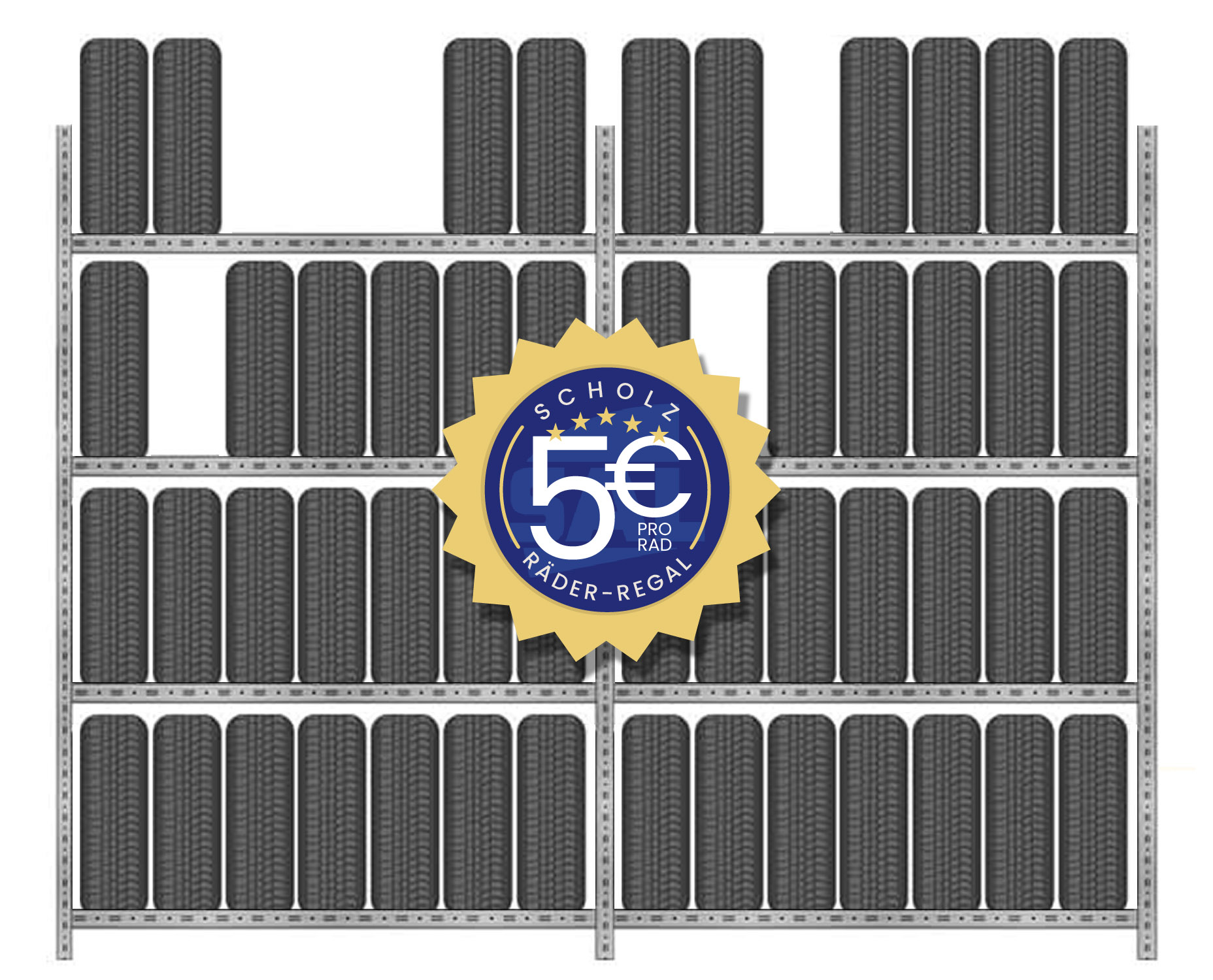 TOPSELLER Set Räderregal MEGOBULLY 4 Ebenen. Grundfeld 1680 breit, Gesamtbreite 3500 mm.